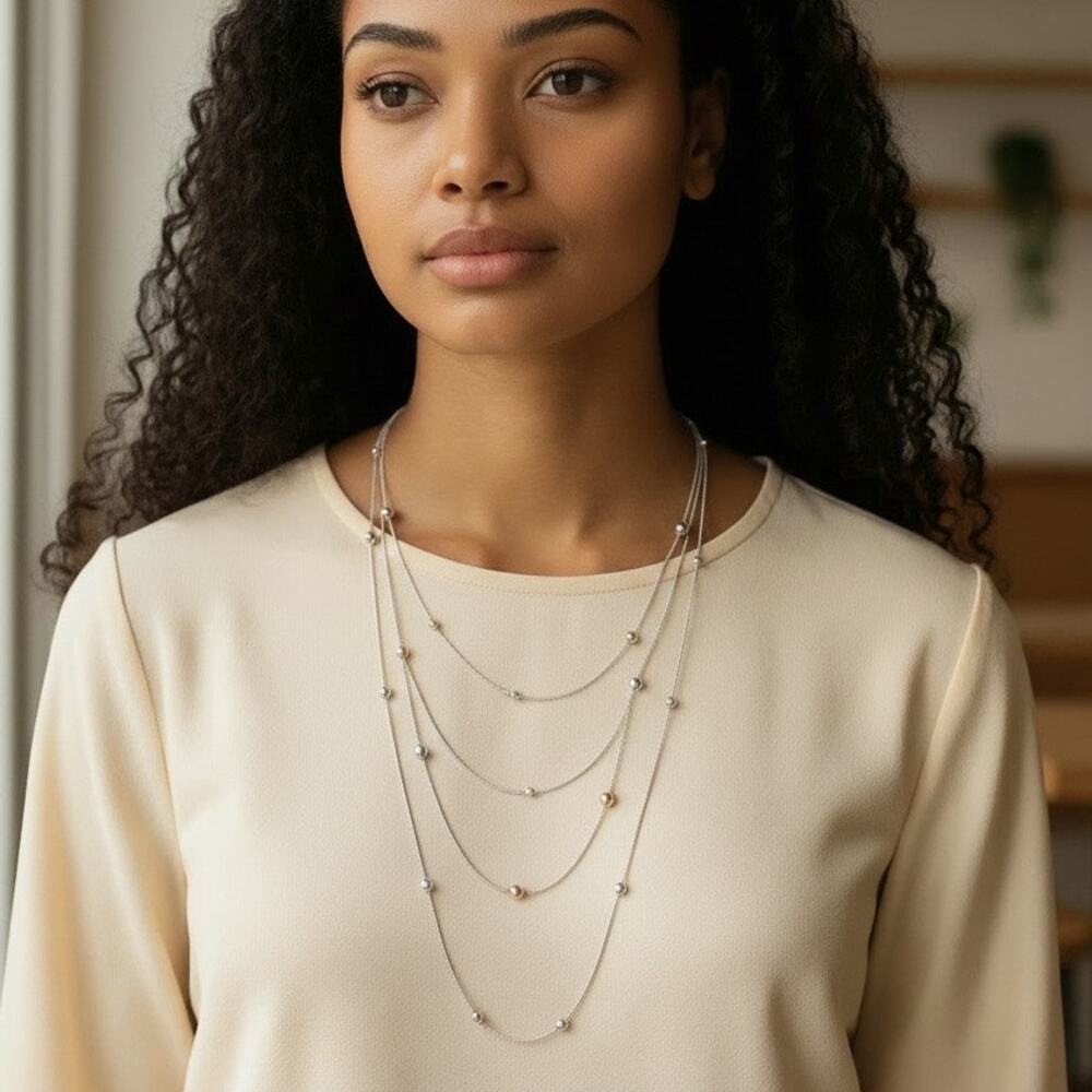 3/$25 - Multi Strand Necklace Silver & Gold Bead Layered Adjustable